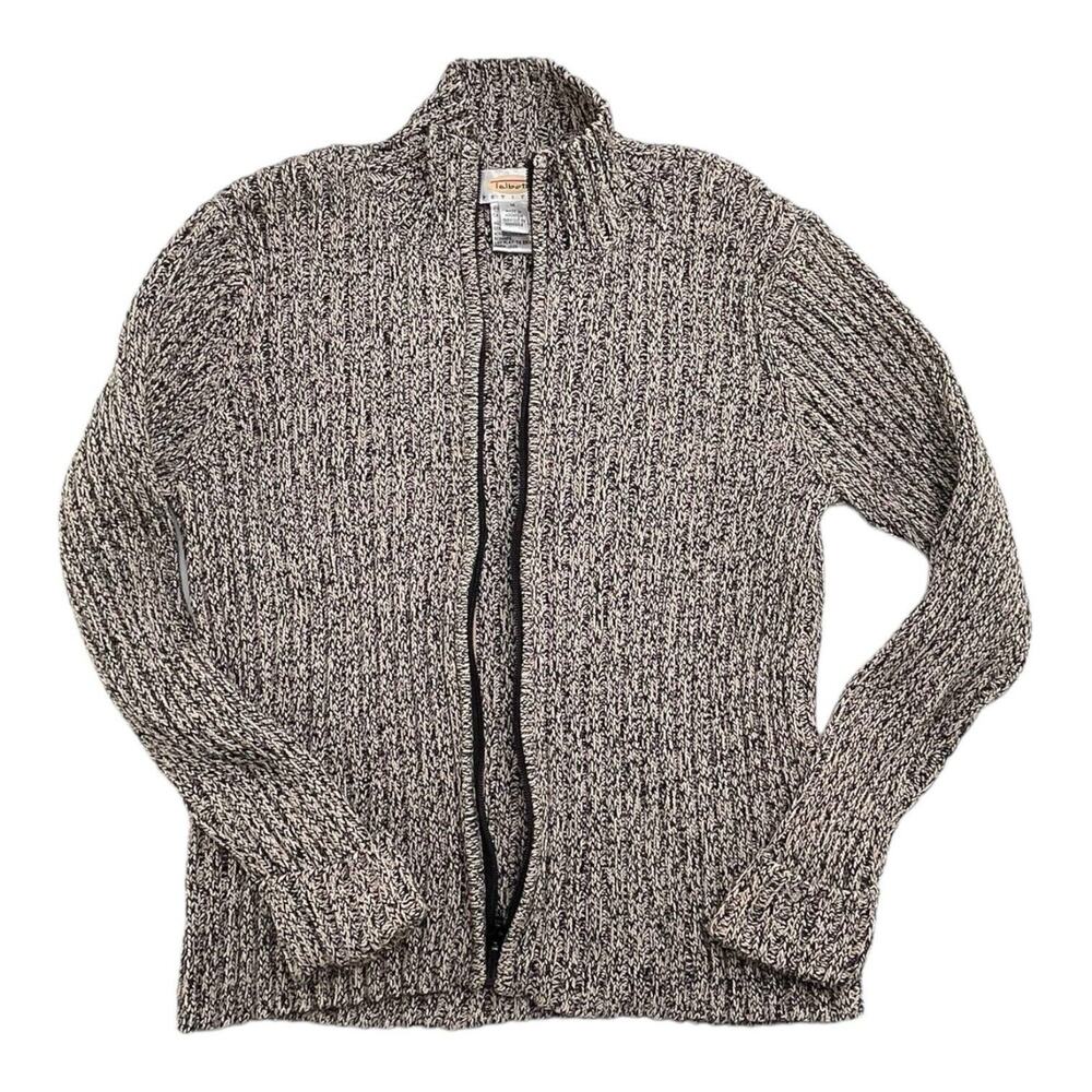 Talbots Petite Med Fisherman Style Thick Zip Up Cardigan Brown Black Heavy EUC